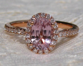 Peachy Pink Sapphire in Rose Gold Diamond Halo Engagement Ring, Rose Gold Engagement Ring, Peach Sapphire Engagement Ring