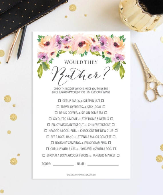 Would They Rather Game Bridal Shower Game Wild Flower Bridal Would They Rather Bridal Shower Template