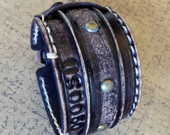 Black Leather bracelet, Distressed leather cuff, Leather wrist band, wide leather cuff, Men's bracelet