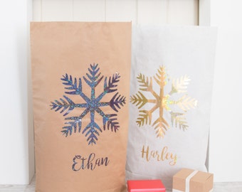 Christmas Santa Sack - Paper Sack with Glitter Snowflake - Personalised Christmas Sack