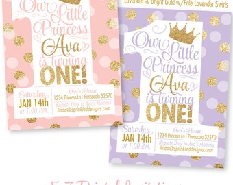 Princess Birthday Invitations, Blush Pink Gold Glitter Lavender 1st Birthday Invitations, First Birthday Girl, BIG ONE Princess Invitations