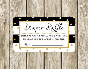 Printable Diaper Raffle Tickets, Black White and Gold, Baby Shower Game, Kate Spade Theme, Instant Download, 014