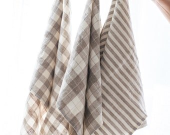 Linen towels, Linen kitchen towels, Set of three kitchen towels, Beige linen kitchen towels, Striped linen kitchen towels, Checked towels
