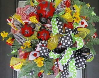 XL Summer Wreath, Lady Bug Wreath, Wreath for Summer, Deco Mesh Wreaths, Front Door Wreath, Door Hanger, Wreath for Door