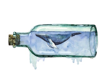 Watercolor Whale Painting - Print titled, "Sea Glass" Whale Art, Watercolor Painting, Beach Decor, Whale Print, Humpback Whale, Nautical