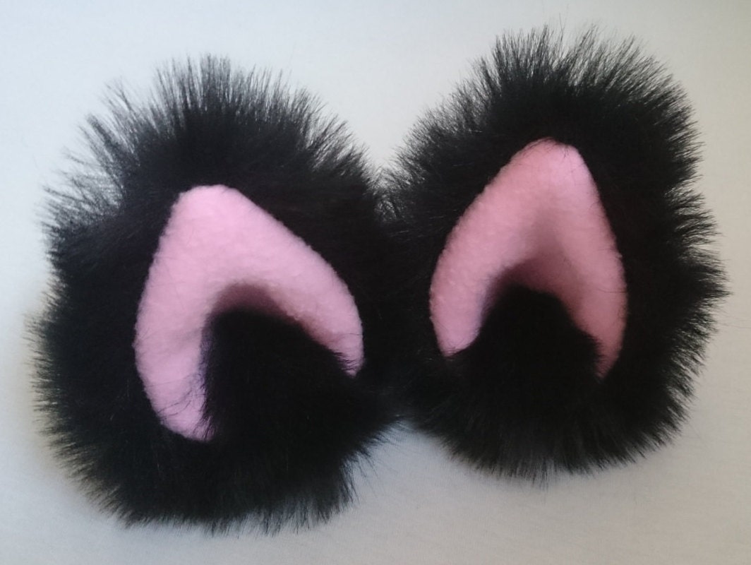 Black fuzzy animal ear hair clips with pink fleece clip on cat