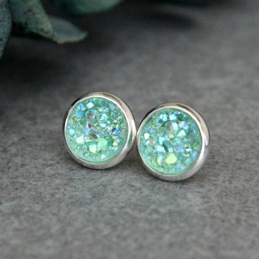 Mint Stud Earrings Mint Druzy Earring Mint Green Earrings