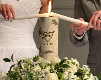 Rustic Unity Candle, Monogram Ceremony Wedding Unity Candle, Personalized Unity Birch Candle Holder Set with Wedding Date