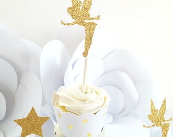 Gold Tinkerbell Cupcake Toppers, Fairy Party, Cupcake Toppers, Fairy Birthday, Cake Topper