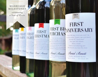 Milestones Wine Labels - Wedding Gift First Anniversary Bridal Shower Gift Wine Basket Engagement Gift Married Moments
