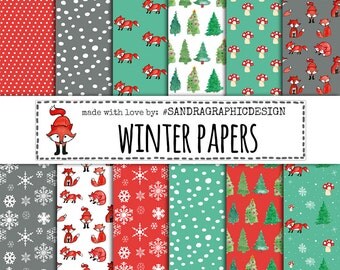 Winter digital paper, winter patterns, fox digital paper, snowflake digital paper in winter colors (1278)