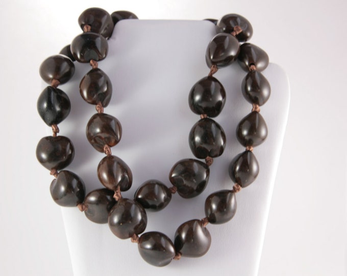 Boho Long Chocolate Chestnut Beaded Summer Necklace Large Beads Two Rows of Nuts Necklace