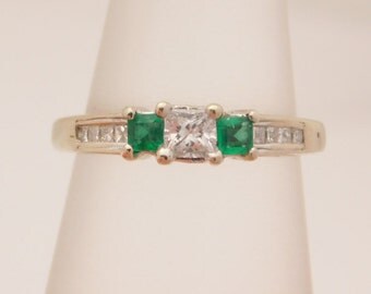 0.50 Carat T.G.W. Princess Cut Diamond & Emerald Ring 14K
