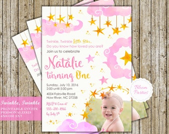 Twinkle Twinkle Little Star Birthday Invitation, Pink and Gold Girl, First Birthday 1st Birthday Invites Digital Printable
