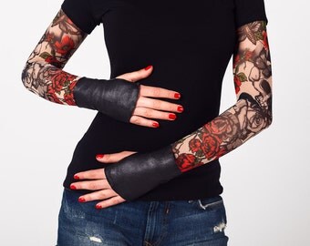 Mittens & Gloves, Leather Mittens, Leather Gloves, Costume Gloves, Fingerless gloves, Short Black Gloves, Leather Accessory, Italian Leather