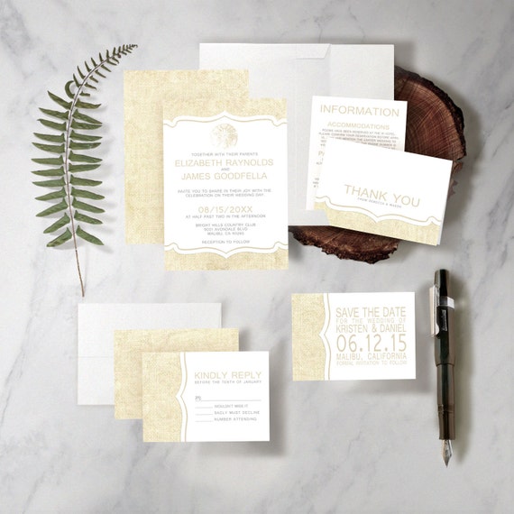 Items similar to Rustic Burlap Sand Dollar Wedding Invitation Set/Suite