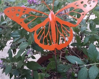 Monarch Butterfly Garden Stake/Yard Art - Metal/Weathering Steel or Painted Orange (Small)