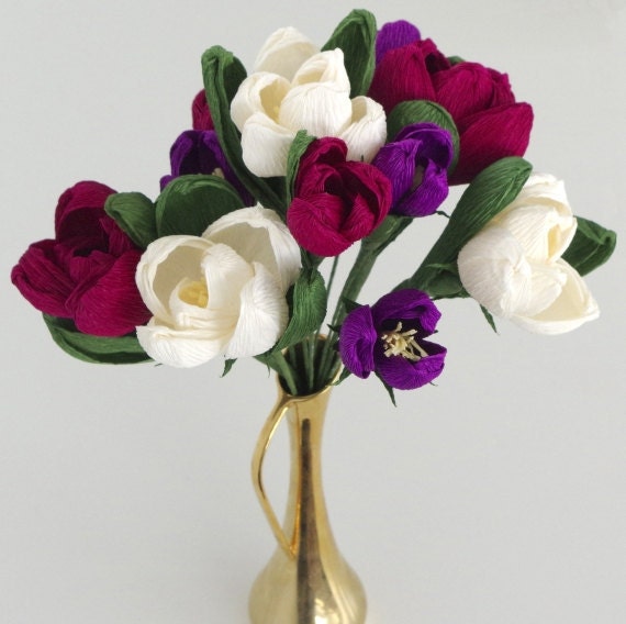 11 Crepe Paper Tulips WhiteRed and Purple Paper flowers for