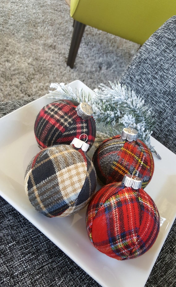 Red Plaid Christmas Ornaments. Modern Christmas Decor Cabin