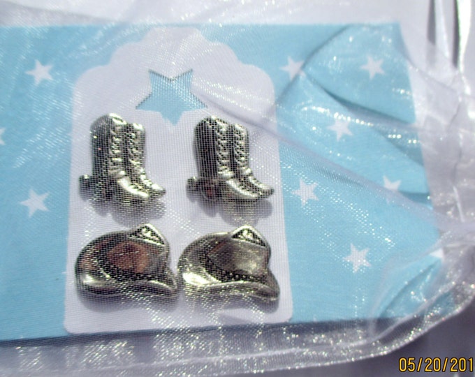 Silver Western Jewelry-Cowboy Hat Earrings-Cowgirl Boot studs-childrens clip on earrings-boot hat post-kids jewelry set-girls cowboy gifts-
