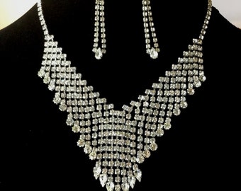 Vintage Rhinestone Waterfall Bib Wedding Necklace Set with Earrings