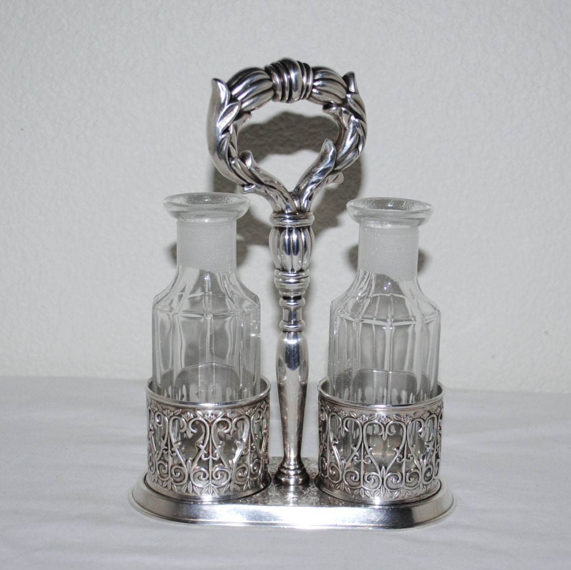 Vintage Glass Cruets 1940s Silver Detailed Holder Ornate