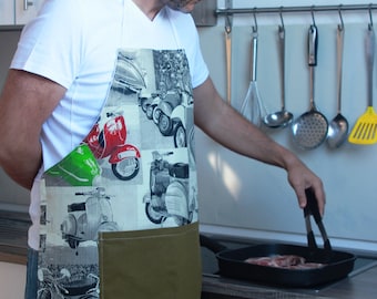 Apron For Men, Mens Apron, Gift Under 30, Full Apron With Vespas, Baking Apron With Pocket, BBQ Apron, Grilling Apron, Cooking Apron (0162)