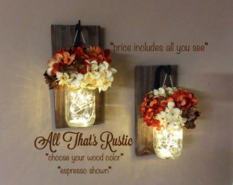 Fall Home Decor, Rustic Fall Sconces, Lighted Mason Jars, Fall Decor, Fall Decoration, Fall Home Decor, Rustic Home Decor, Fall, Sconces