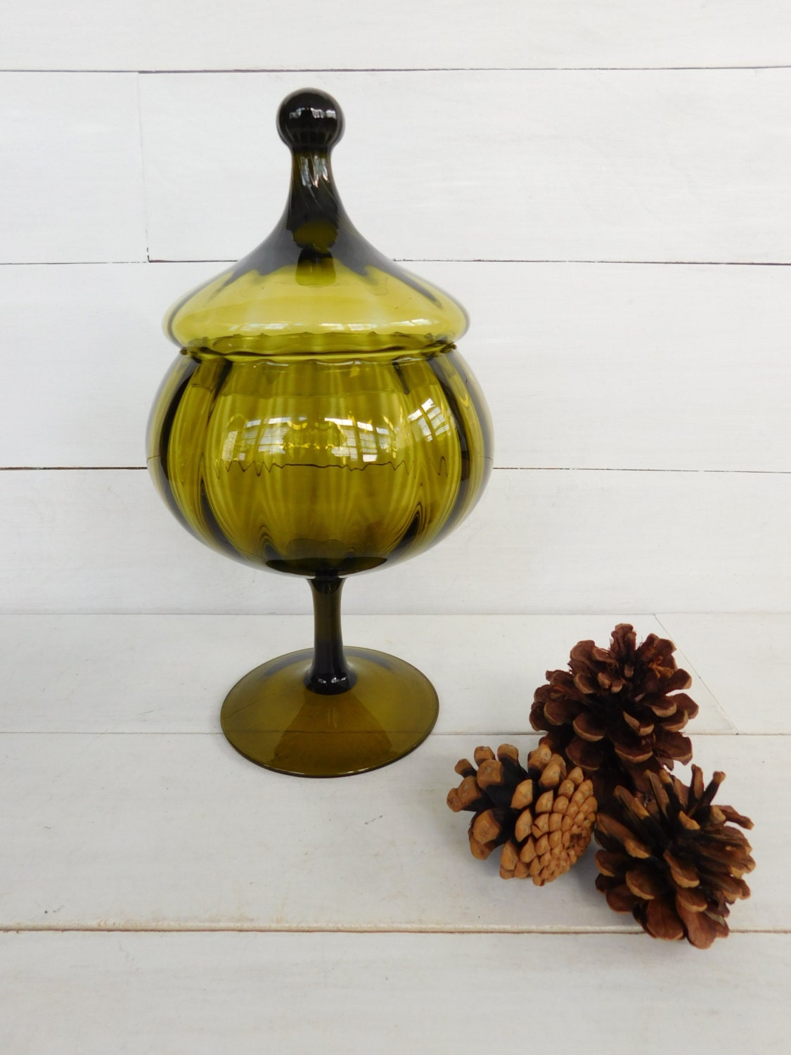 Vintage Italian Olive Green Glass Pedestal Bowl Candy Dish