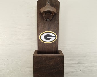 Wall Mounted Bottle Opener, Green Bay Packers, Bottle Cap Catcher, Football