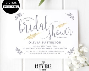 Bridal Shower Invitation , Bridal Shower Invite , Gold and Gray , Bridal Shower Gold Calligraphy , 5x7 , A6 , Gold Gray White