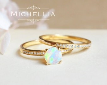 14k18k solitaire opal engagement ring set simple gold opal ring with diamond - Opal Wedding Ring Sets 14k18k solitaire opal engagement ring set simple gold opal ring with diamond - Opal Wedding Ring Sets