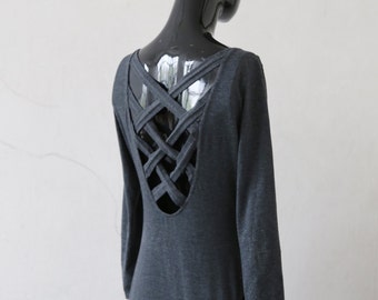 90s bodysuit - back opening - anthracite body - woman bodysuit - longsleeve body - cotton body - 90s clothing - braided bodysuit - vintage