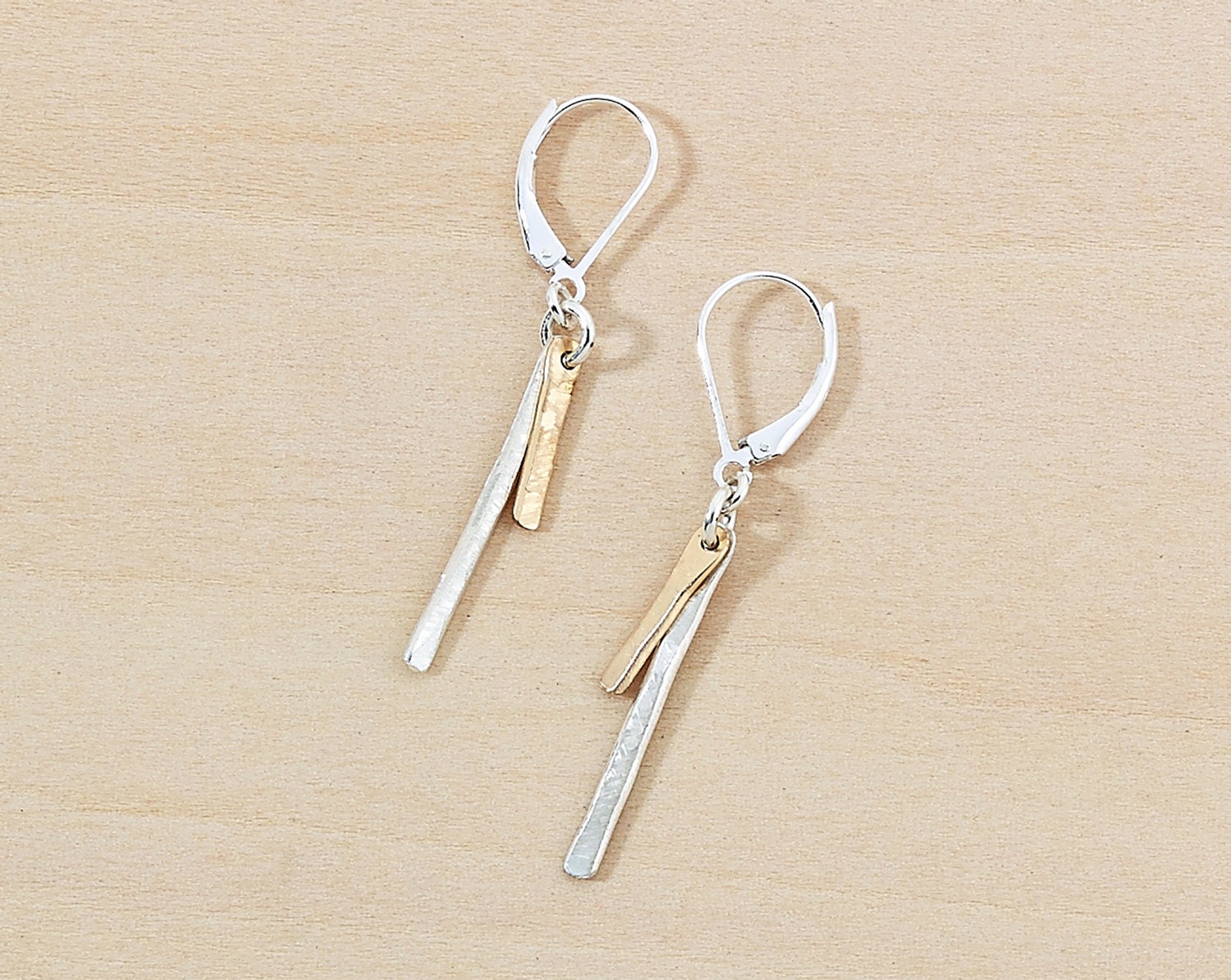 Mixed Metal Gold and Silver Bar Earrings Dainty Small Dangle