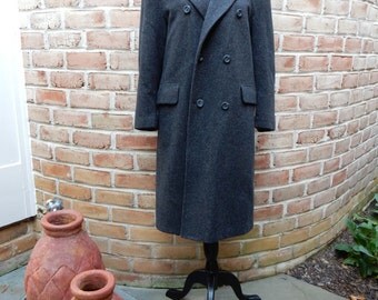 70s Christian Dior Coat Paris New York Jeune Homme Charcoal Gray Wool Notched Collar Double Breasted Flap Pockets Long Slim Silhouette