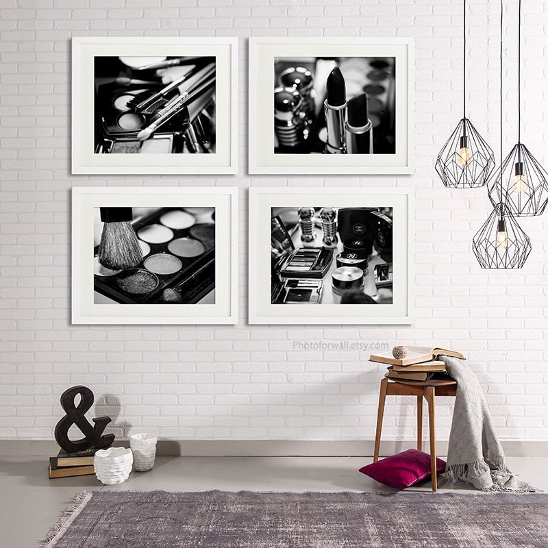 Chanel Makeup print Bathroom wall Decor Set of 4 black and