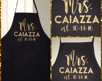 Personalized Glitter Mrs. Cooking Kitchen Apron for a Bride to Be With Wedding Anniversary Date and Married Last Name Bridal Shower Gift