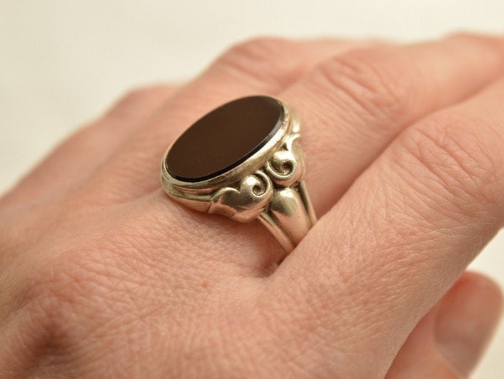 Antique Large ONYX Silver 835 Signet RING Art Deco Ring Onyx