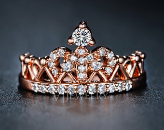 Crown Rose Gold Cubic Zirconia Ring Queen Crown Ring Princess Ring Cute Ring Everyday Ring Modern Trendy Ring Promise Ring CZ Ring, AR0217