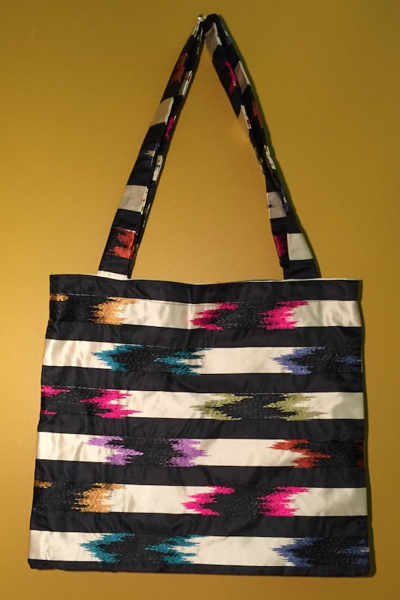 Tote bag with pockets. Beautiful silk blend stripped fabric with embroidered detail