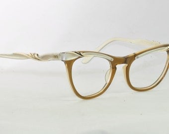 Vintage Cat Eye Glasses, Amber with Silver Brow and Temples, UZ, 1950s, 1960s