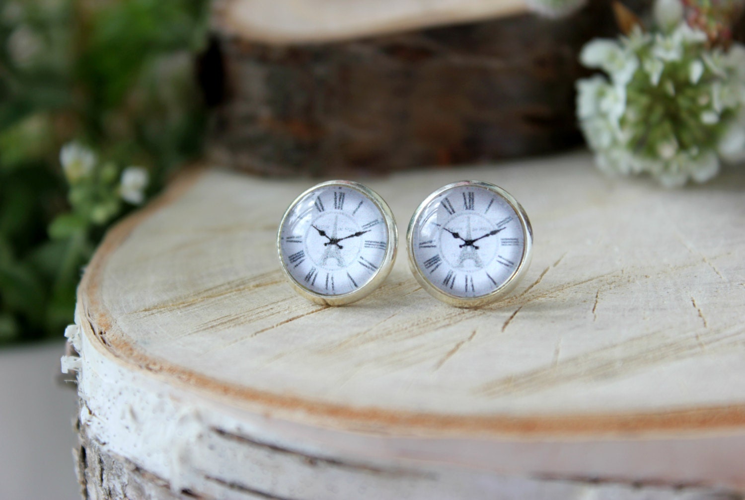 Vintage style clock face Stud Earrings Silver Plated Glass