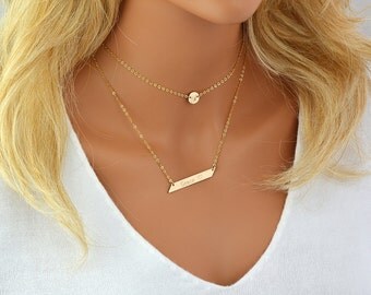 Chain Choker Necklace, Initial Choker Necklace, Initial Disc, Personalized Necklace Bar, Layered Necklace Set, Gold, Silver, Rose