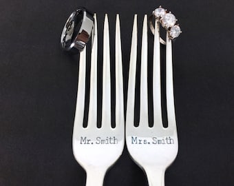mr and mrs forks, custom wedding forks, wedding gift, wedding cake forks