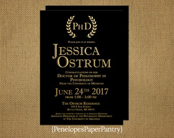Elegant Black and Gold Graduation Announcement,Doctor of Philosophy,Phd Degree,College,Shimmery,Opt Back Print,Customizable With Envelopes