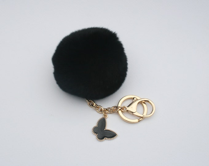 Butterfly Collection Black fur pom pom keychain REX Rabbit fur pom pom ball with butterfly charm