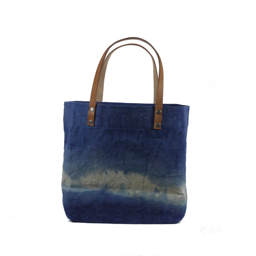 Small Waxed Cotton Canvas Tote Bag Blue Leather Handles