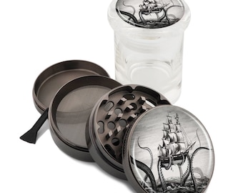 Kraken Attacks Pirate Ship Zinc Grinder and Glass Jar Combo Set! 2.5" Wide 63mm Titanium Herb Grinders Pop Top Vintage Nautical Monster