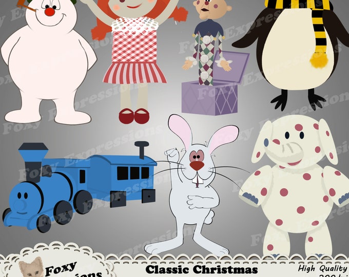Classic Christmas Characters digital clip art pack comes with Frosty, topper, rabbit, & the gang of misfit toys like charlie in the box,etc