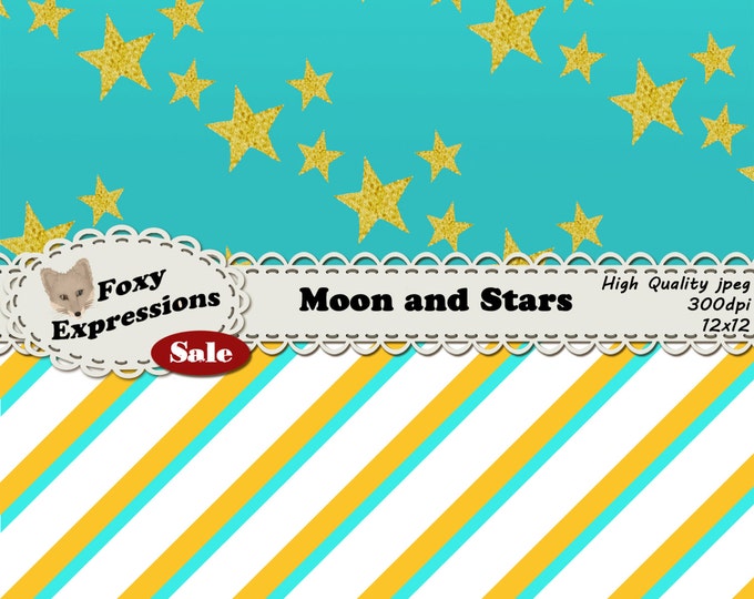 Aqua and Marigold, Moon and Stars in shades of blue, yellow and gold with checkers, stripes, stars, moons, polka dots, damask and bubbles